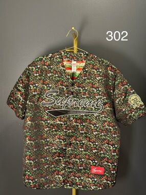 Supreme Black Floral Script Baseball Jersey with Red & Green Flowers